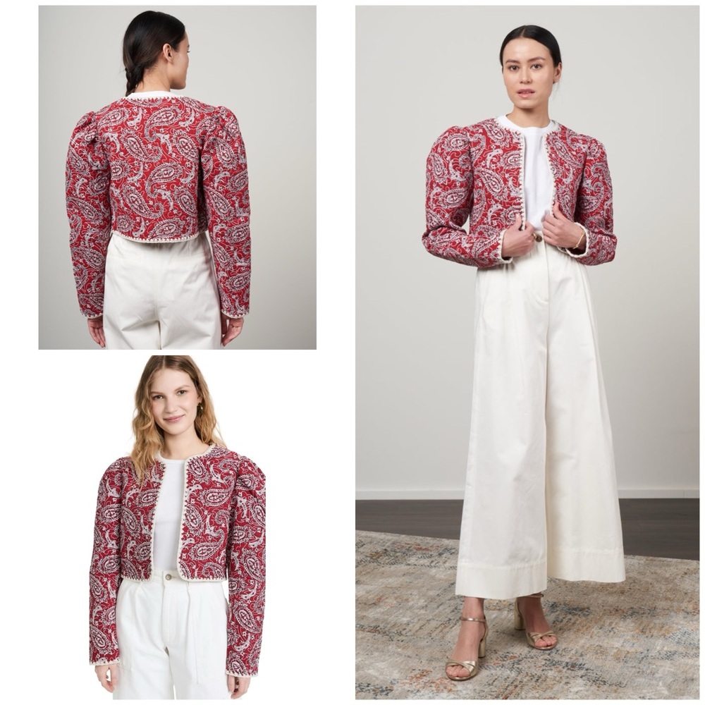 L NWT SEA NY Theodora Red Paisley Embroidery Quilted Cropped Jacket Large